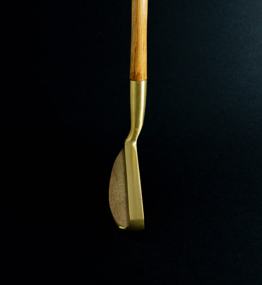 Otey 02H Knockout brass blade putter with hickory shaft, address view