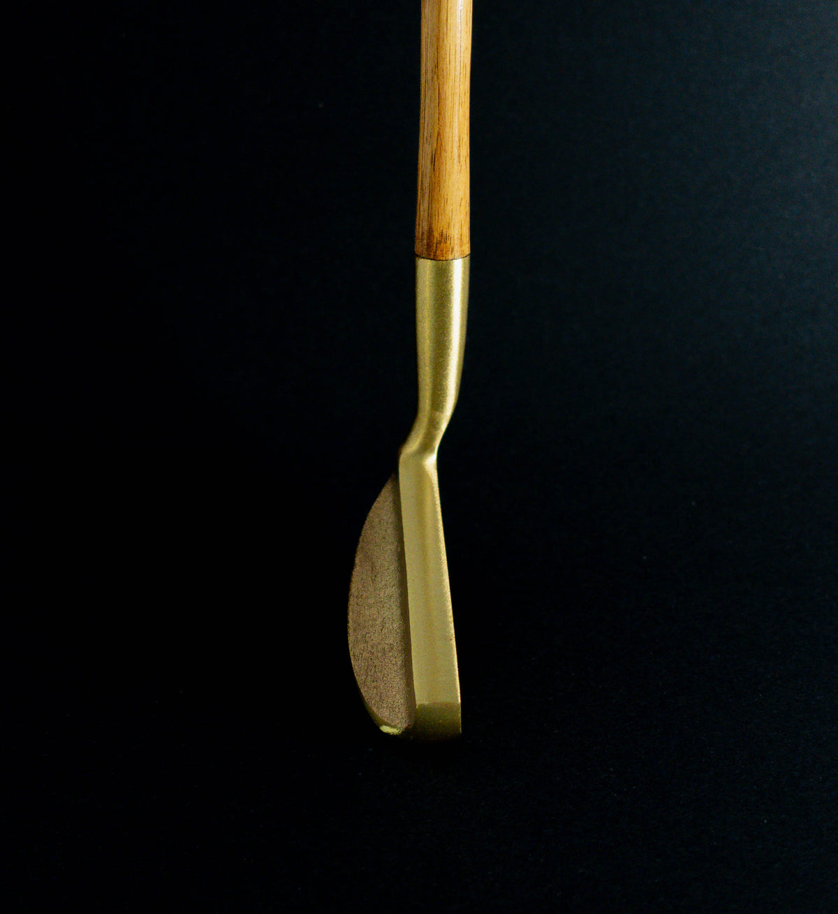 Otey 02H Knockout brass blade putter with hickory shaft, address view